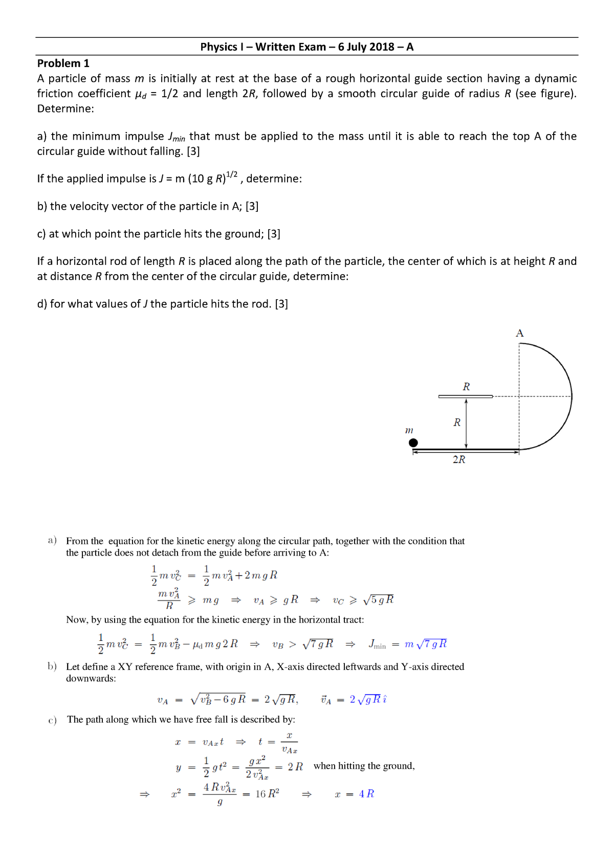 2018 0706 Solution - Physics I – Written Exam – 6 July 2018 – A Problem ...