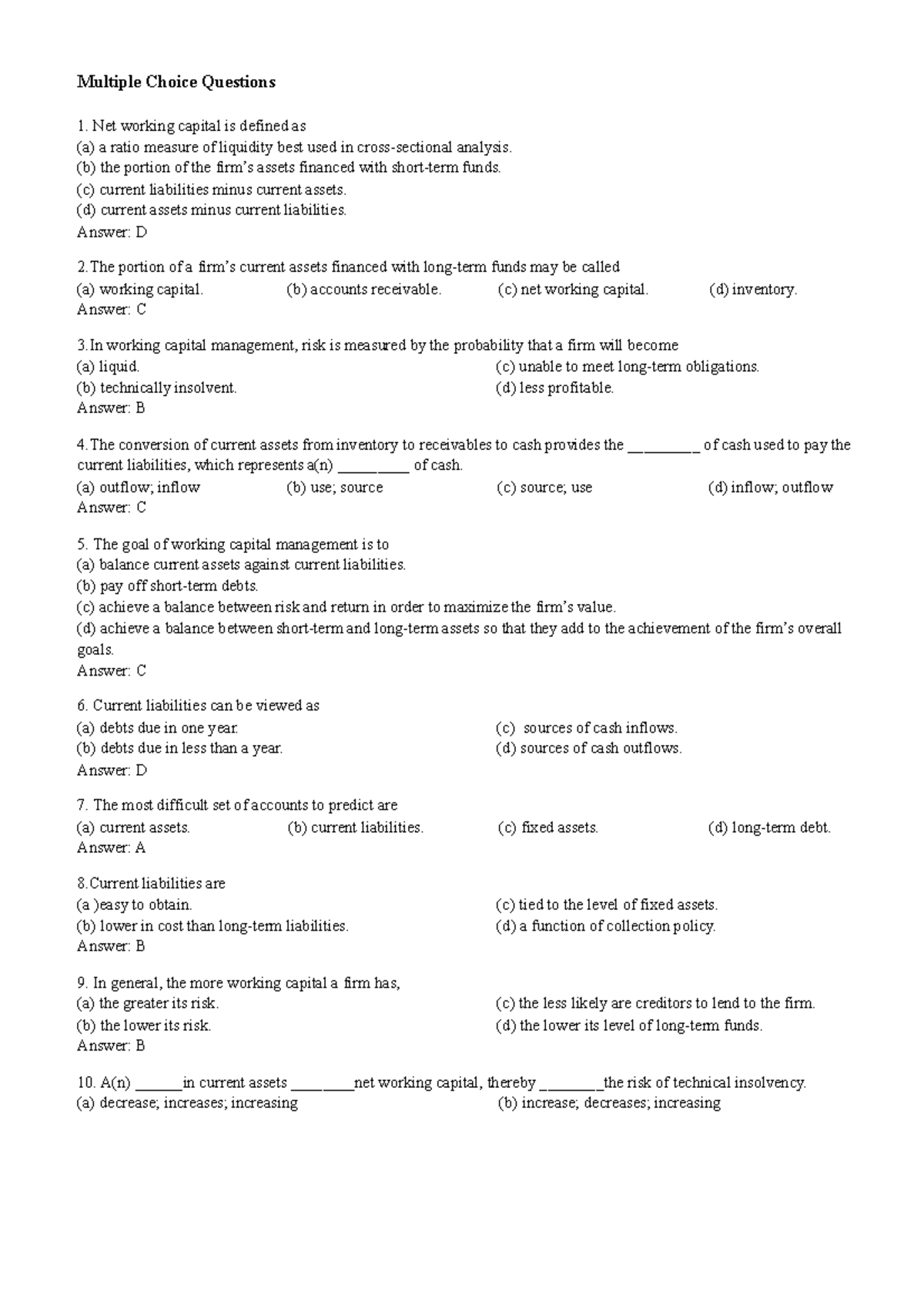 Workingcapital compress Multiple Choice Questions Net working