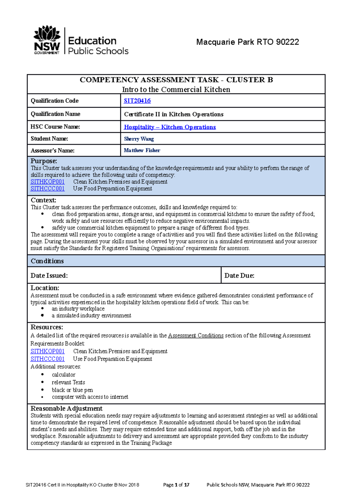 Hospitality KO Task B - KO Task - COMPETENCY ASSESSMENT TASK - CLUSTER ...