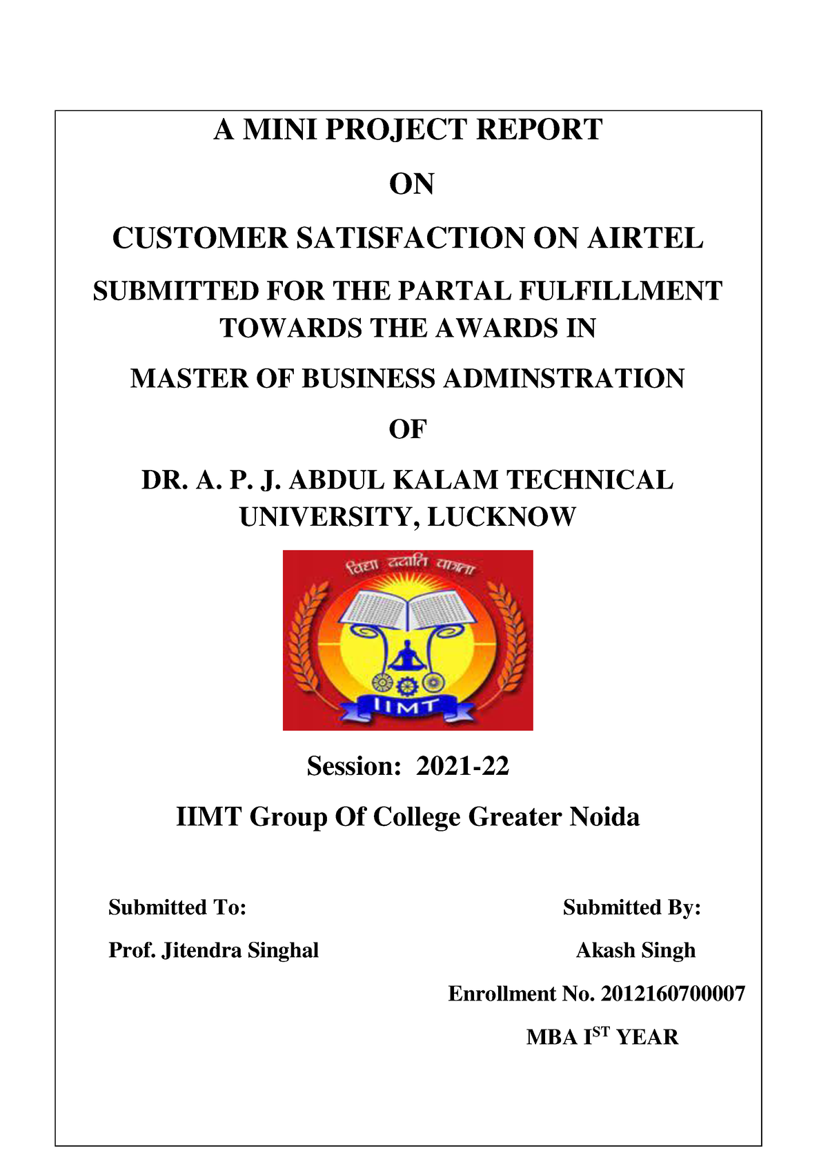 A MINI Project Report MBA 1st SEM A MINI PROJECT REPORT ON CUSTOMER 