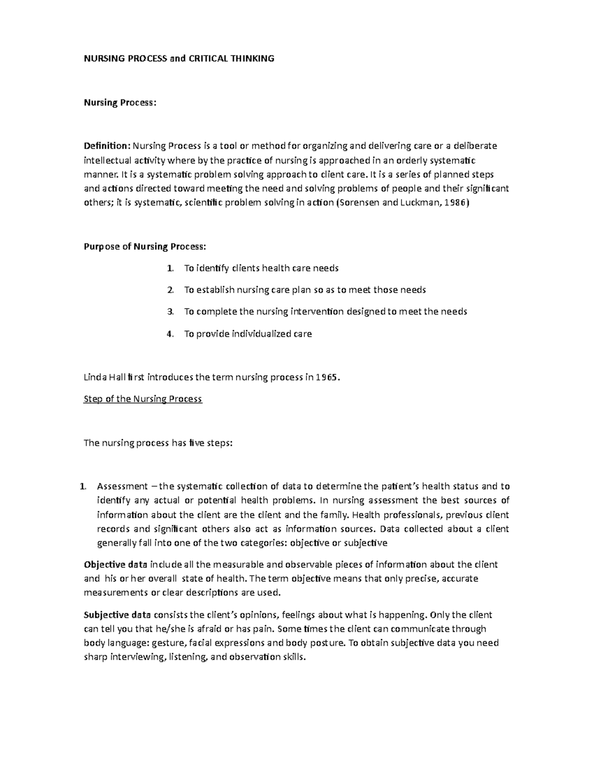 Nursing Process And Critical Thinking Nursing Process And Critical