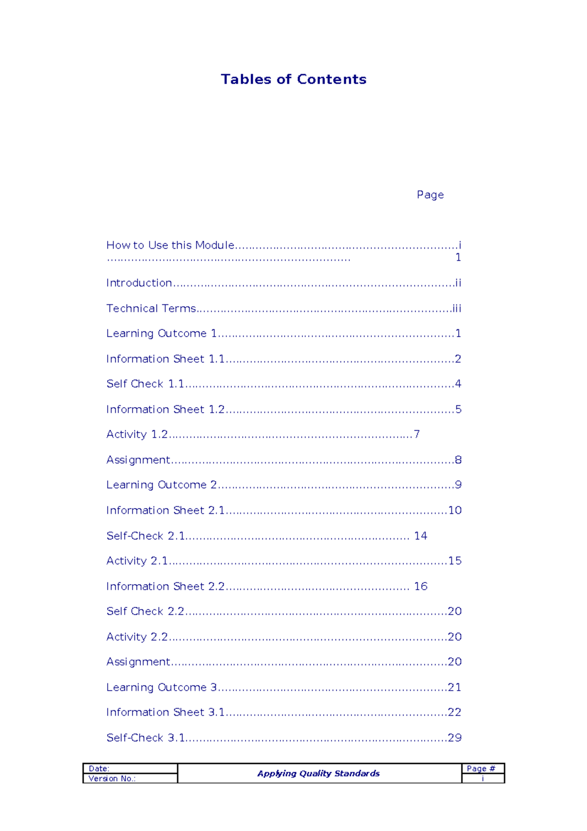 44528140 Module 1 Applying Quality Standard - Tables of Contents Page ...