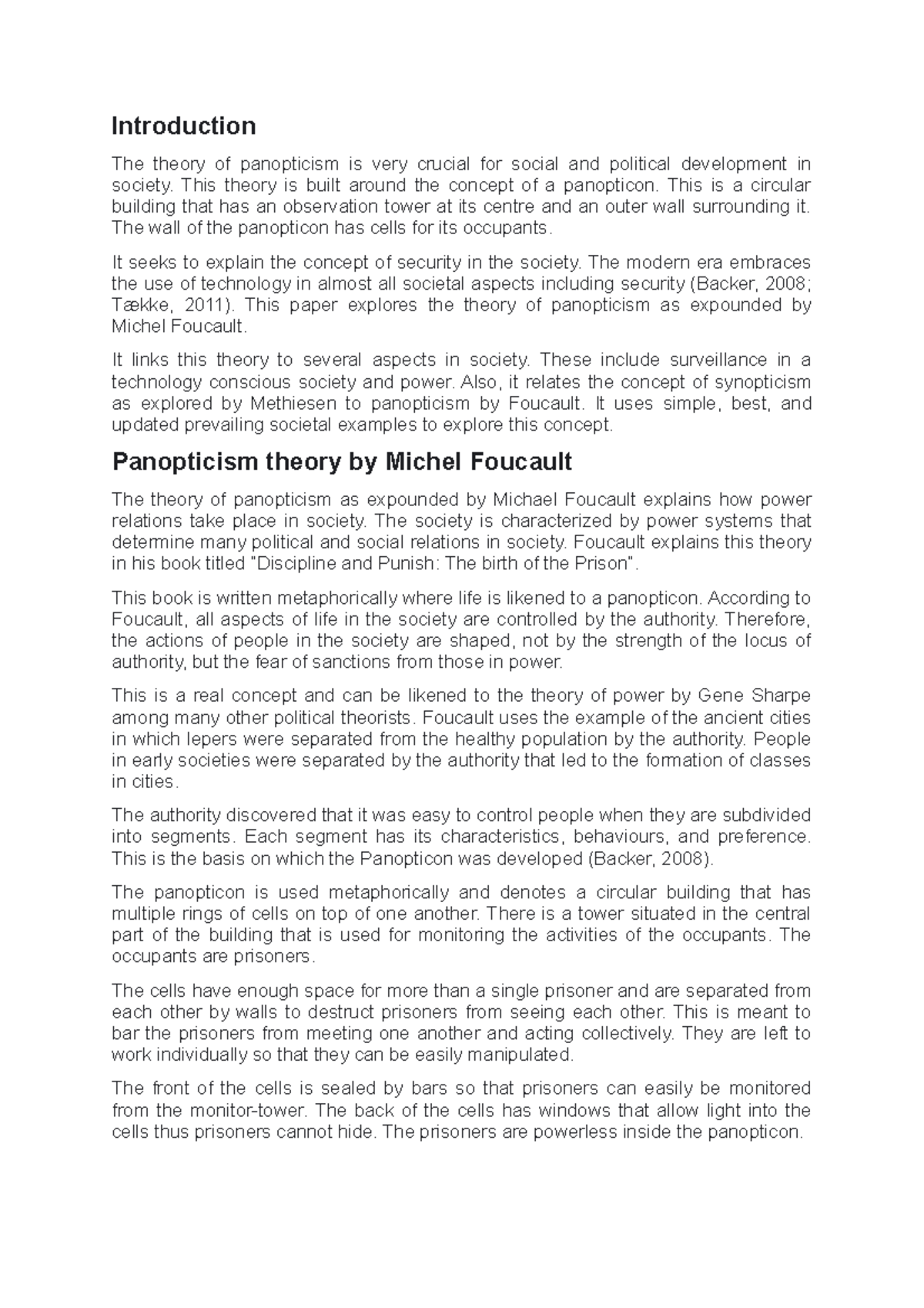 Panopticism By Michel Foucault - Introduction The theory of panopticism ...