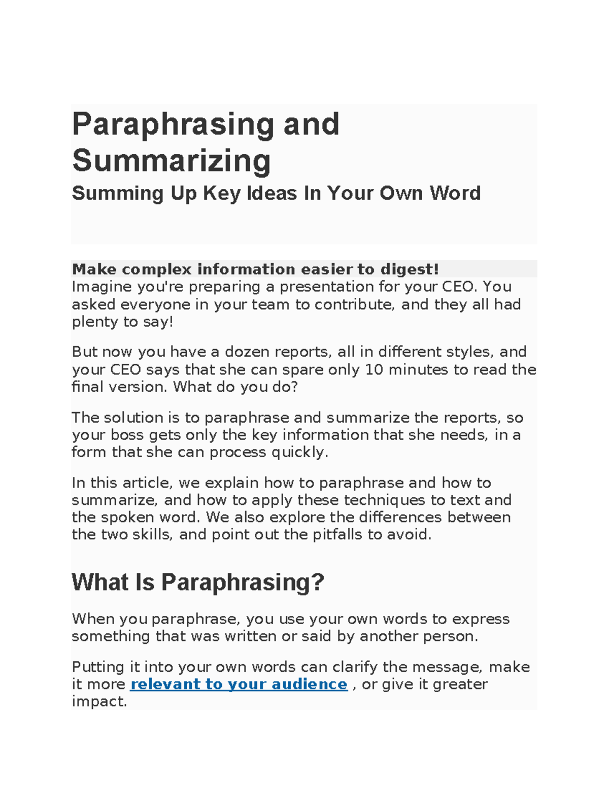 Paraphrasing and Summarizing - Paraphrasing and Summarizing Summing Up ...