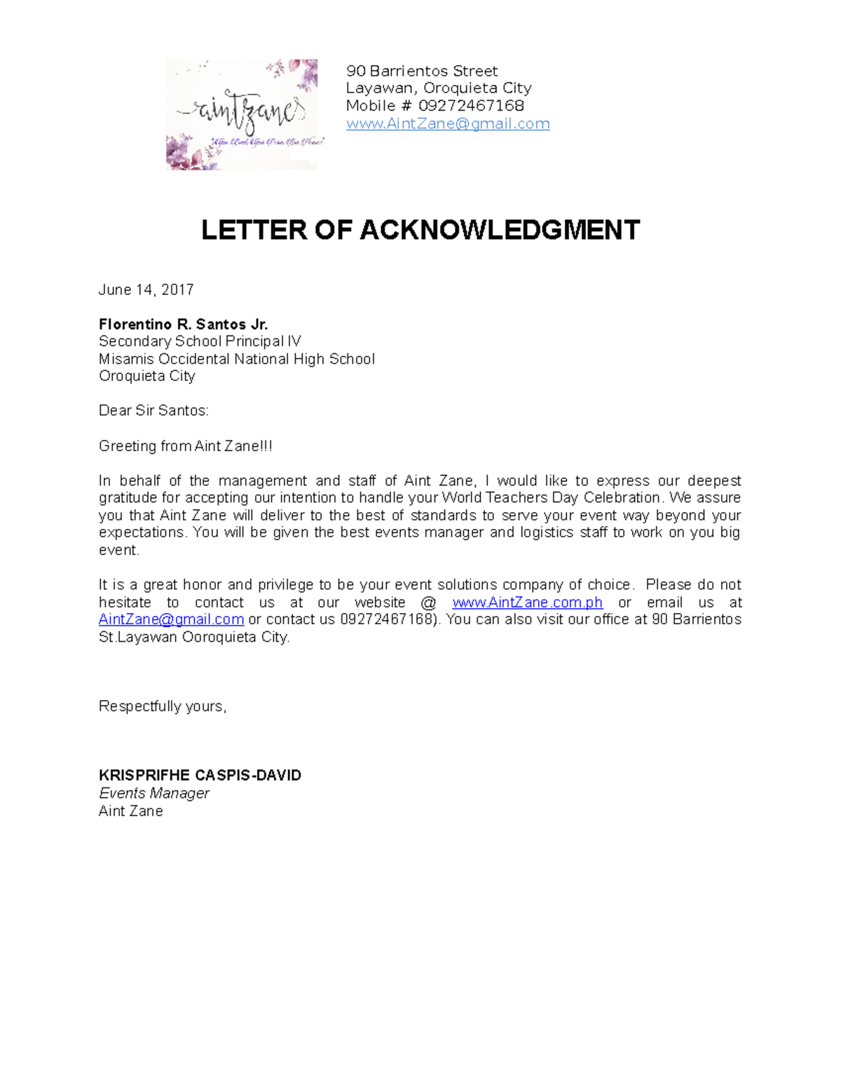 3. Letter of Acknowledgment - 90 Barrientos Street Layawan, Oroquieta ...