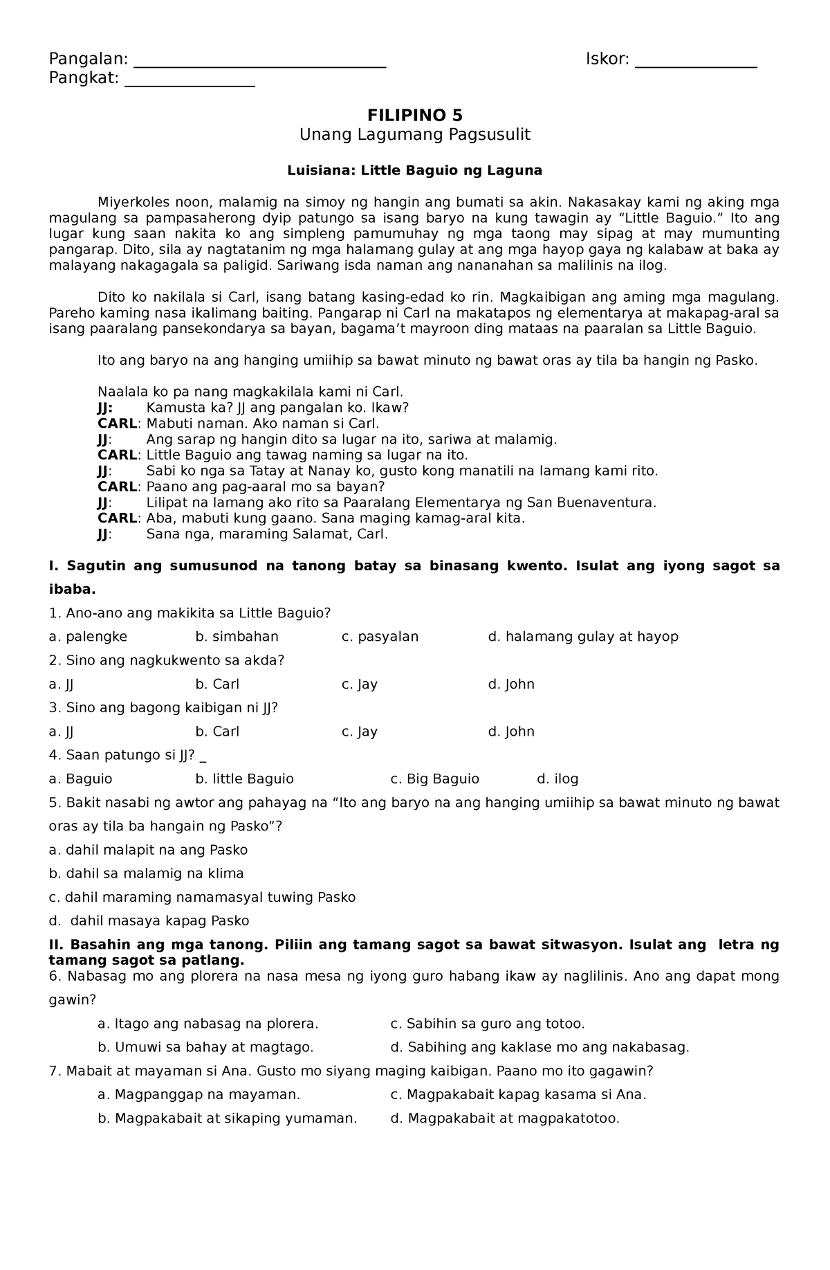 Summative Filipino Q W Docx Pangalan Pangkat At Seksyon Iskor Filipino Summative Test 5767