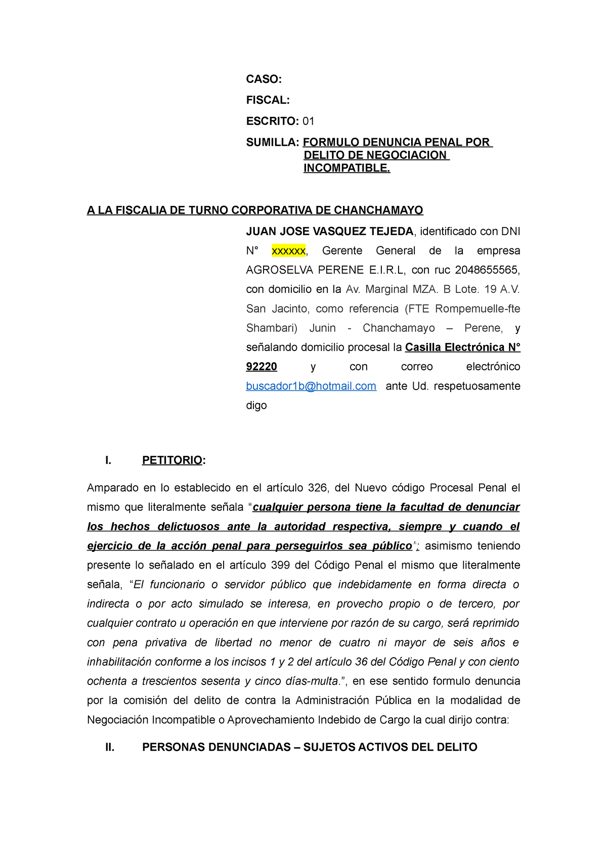 Denuncia Penal - CASO: FISCAL: ESCRITO: 01 SUMILLA: FORMULO DENUNCIA ...