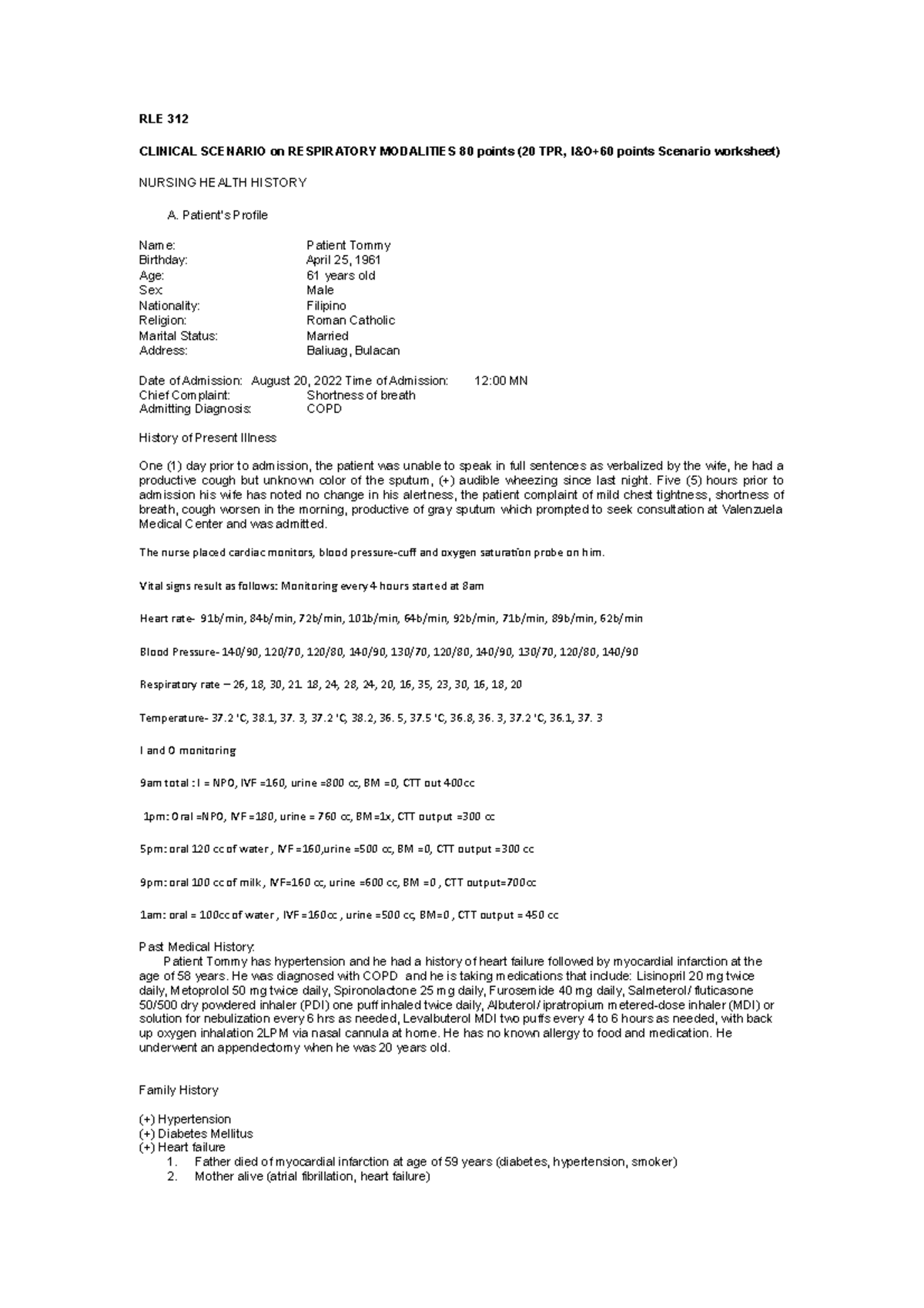 RLE-312- Respi- Scenario- Midterm - RLE 312 CLINICAL SCENARIO on ...