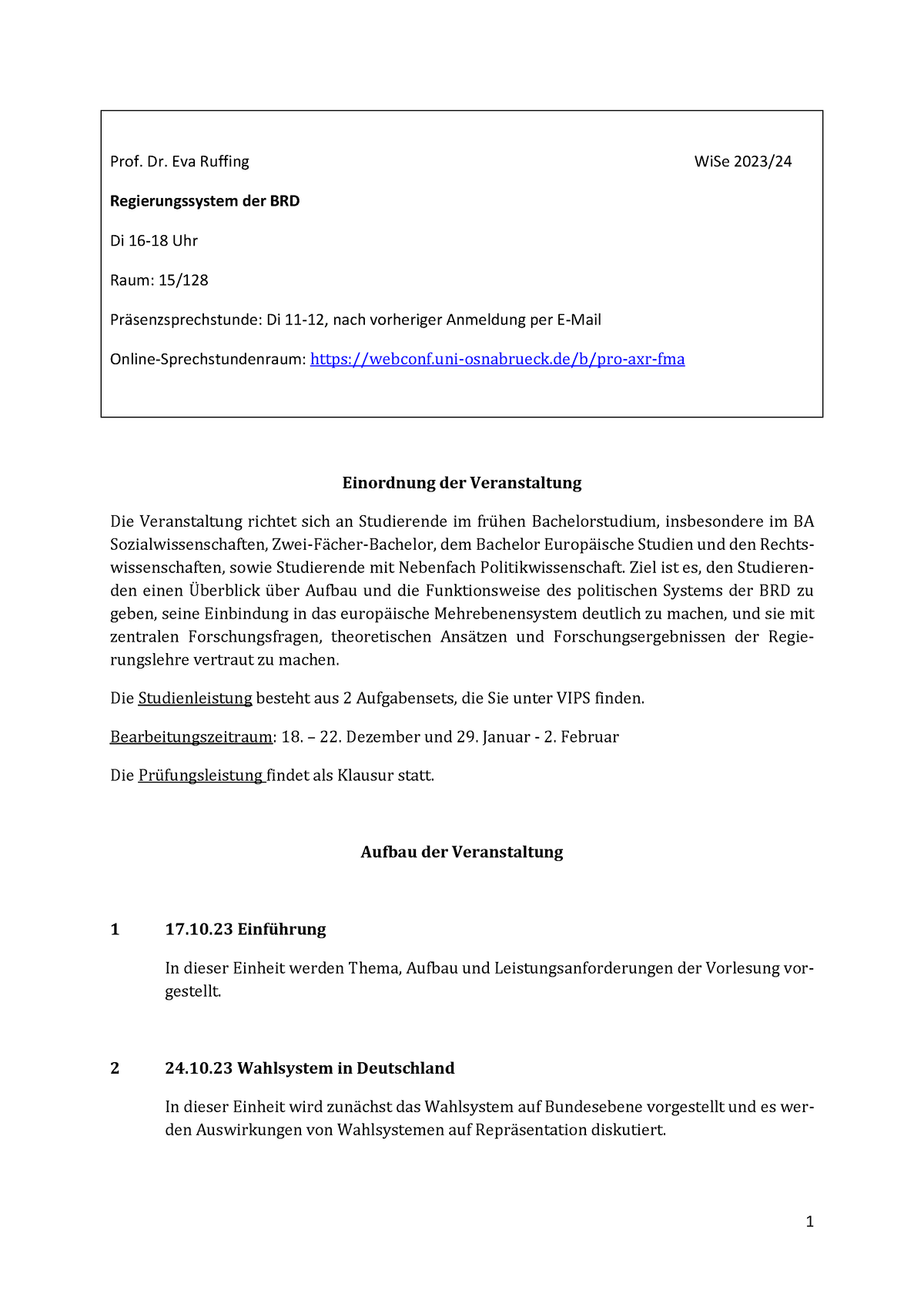 Seminarplan Politisches System Der BRD 2023 24 Final - Prof. Dr. Eva ...