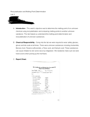 Recrystallization and Melting Point Determination Lab Report - Lauren ...