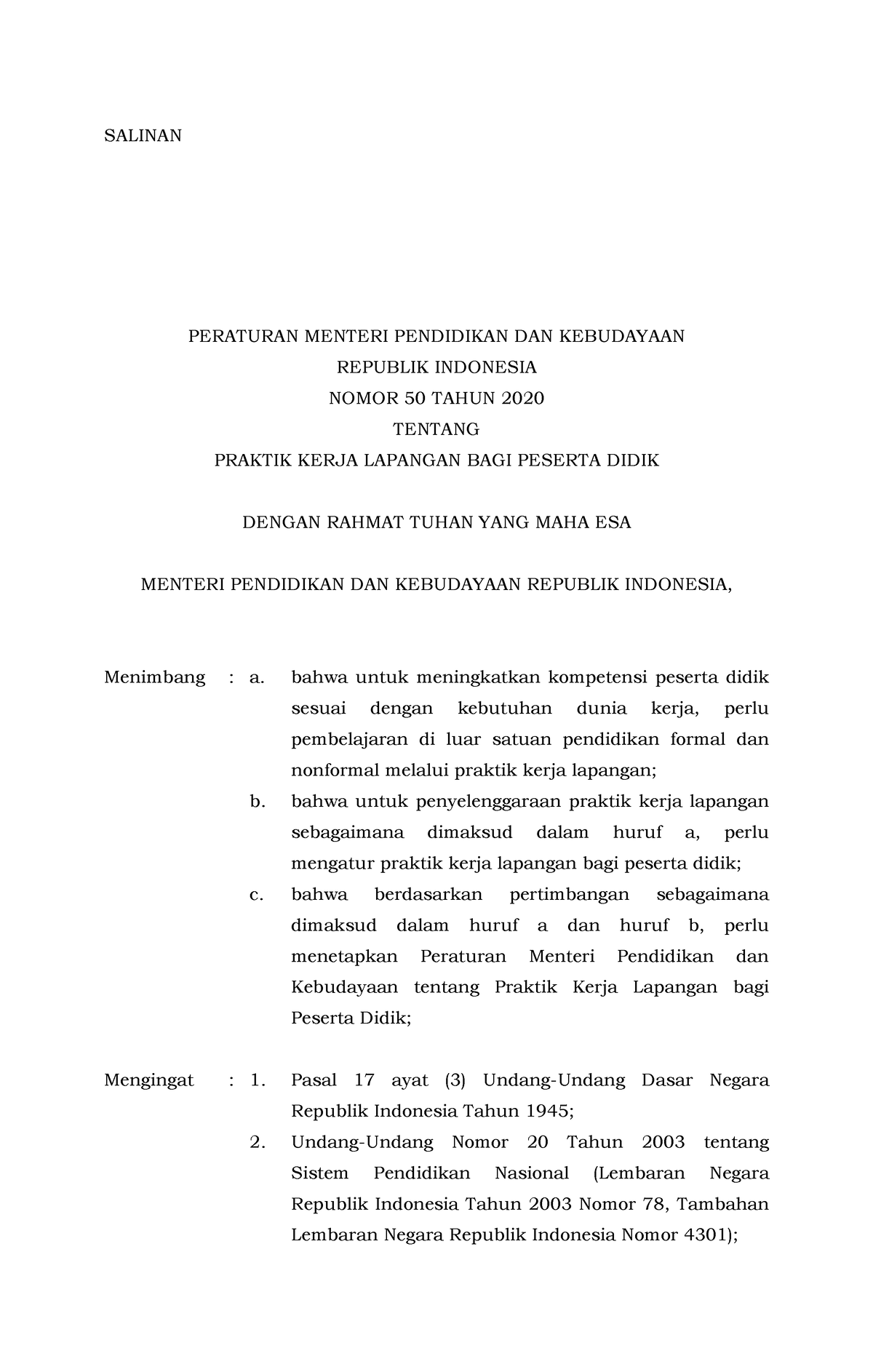 Permendikbud Nomor 50 Tahun 2020 - SALINAN MENTERI PENDIDIKAN DAN ...