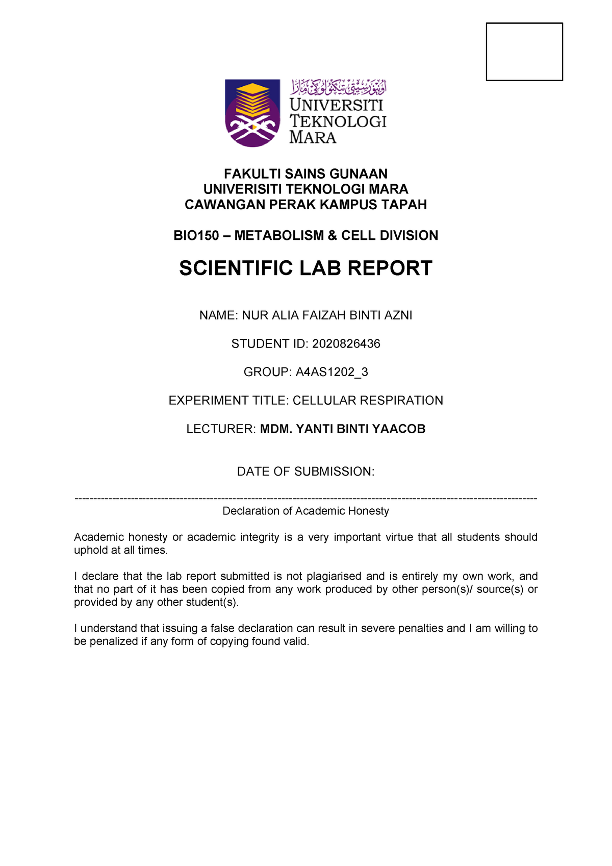 LAB Report BIO150 Cellular Respiration.NUR ALIA Faizah Binti AZNI ...