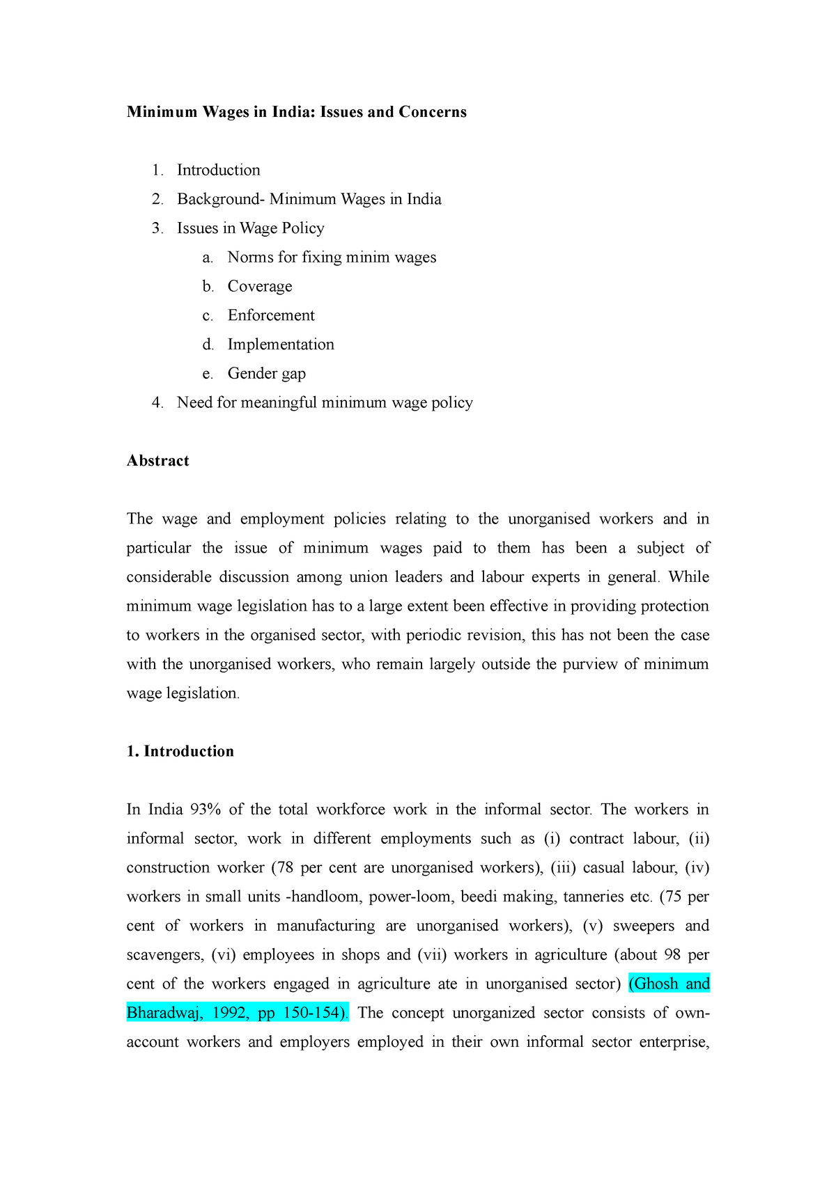 Minimum Wages In India - Norms For Fixing Minim Wages B. Coverage C ...