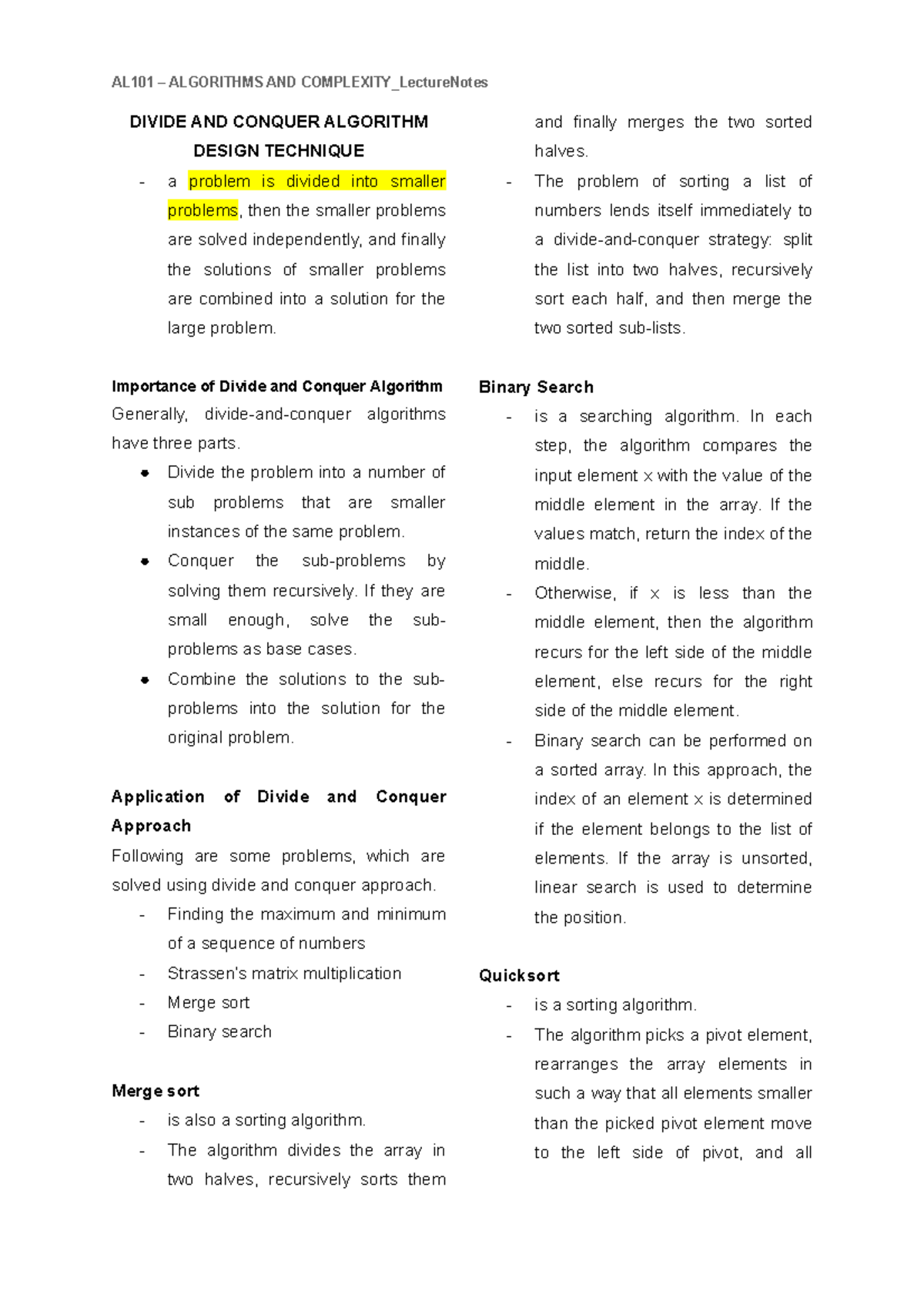 Divide And Conquer Algorithm Design Technique Lecture Notes - AL101 ...