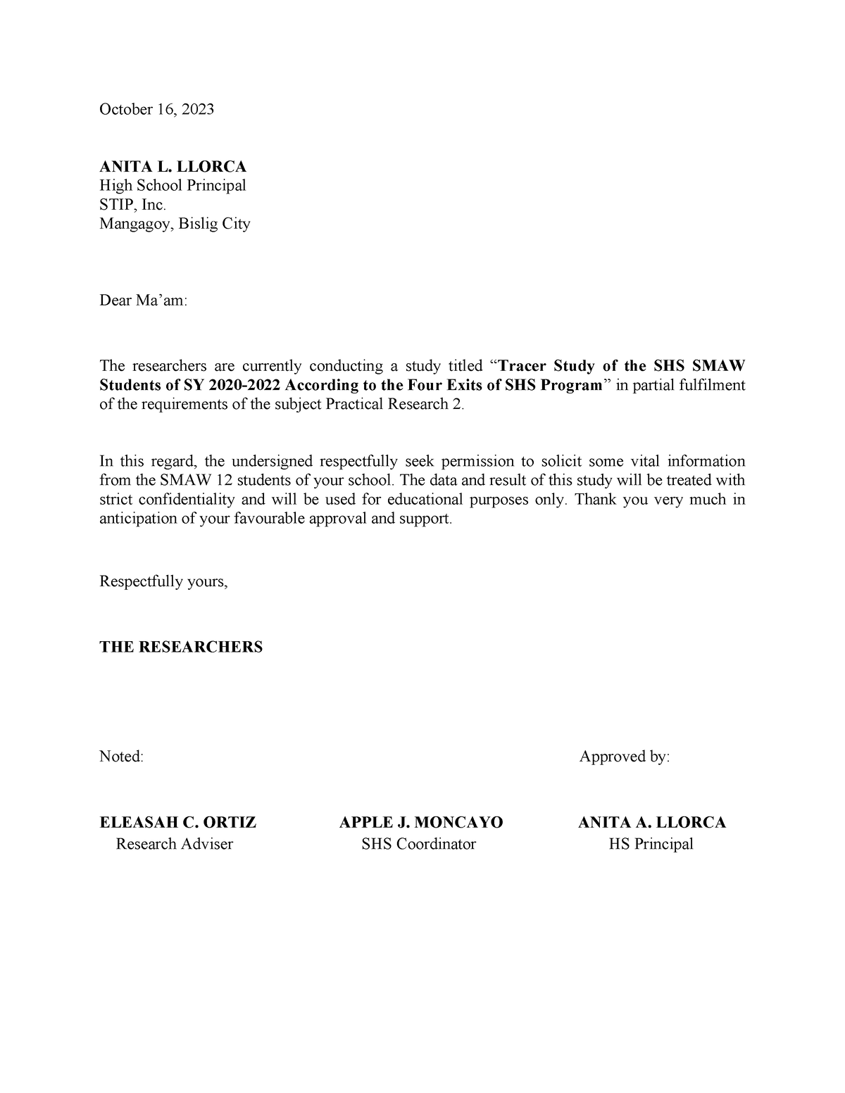 Communication Letter - October 16, 2023 ANITA L. LLORCA High School ...