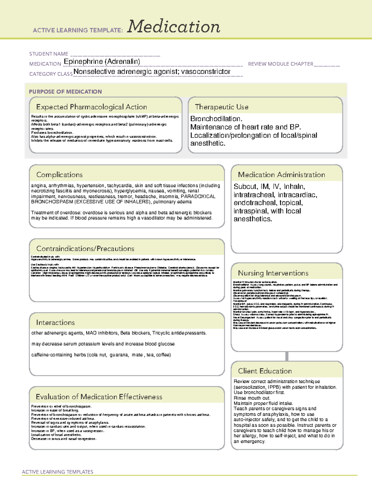 Epinephrine (adrenalin) ACTIVE LEARNING TEMPLATES Medication STUDENT