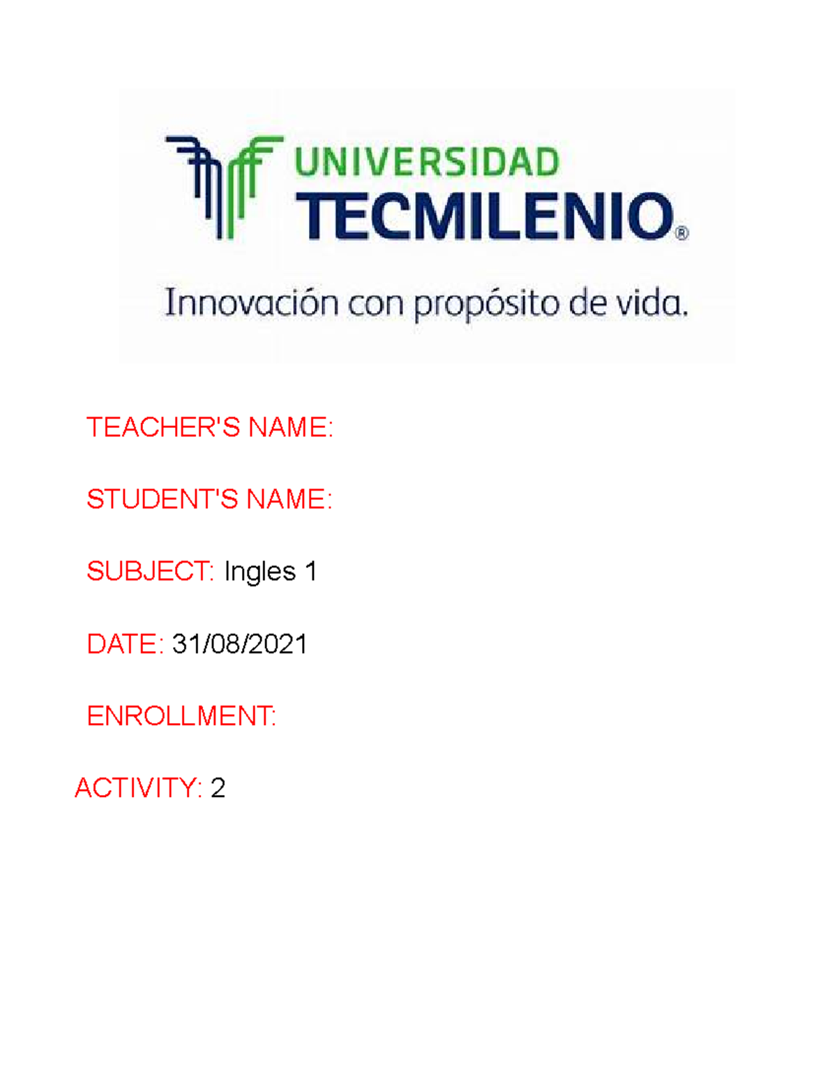 Activity 2 Vocabulary Bank Ingles 1 basico tecmilenio - TEACHER'S NAME ...