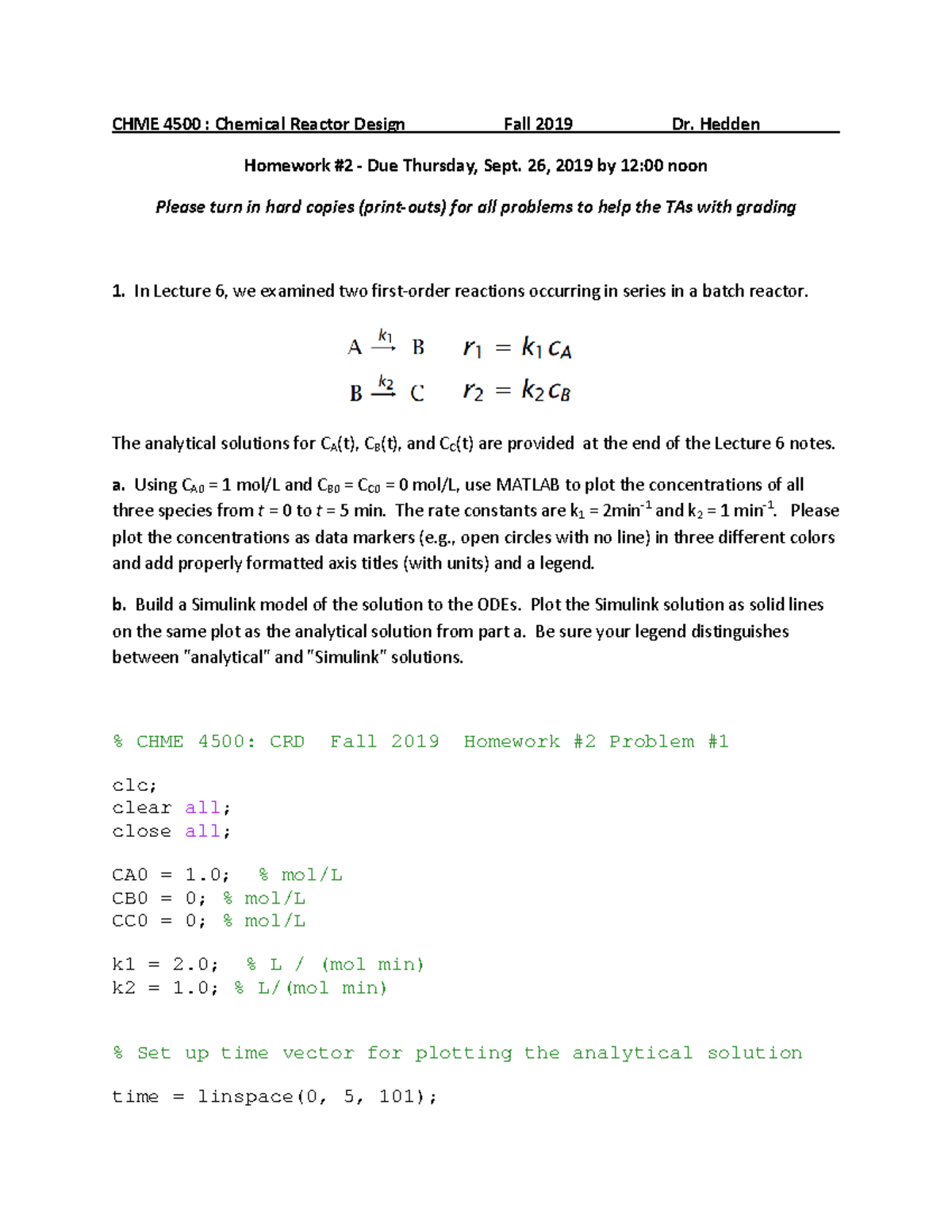 Homework #2 - CHME 4500 - Fall 2019 - Solution - CHME 4500 : Chemical ...