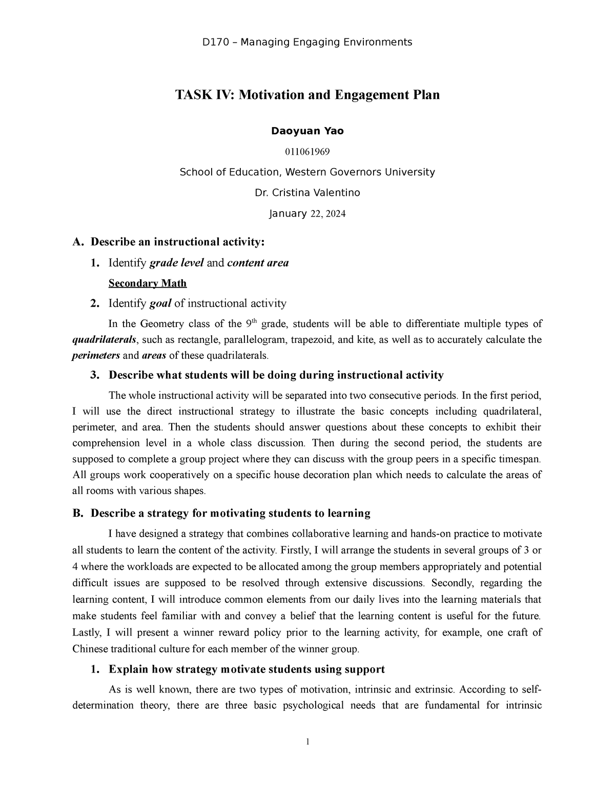 D170 TASK 4 Daoyuan Yao R1 - D170 – Managing Engaging Environments TASK ...