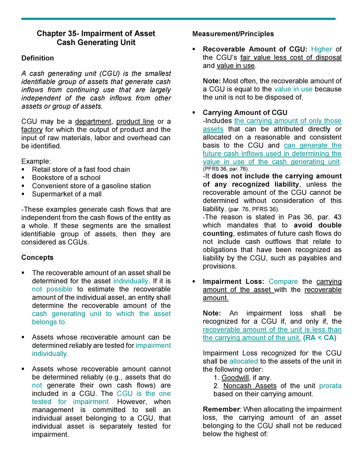 Impairment Of Assets CGU Reviewer Chapter 35 Impairment Of Asset 