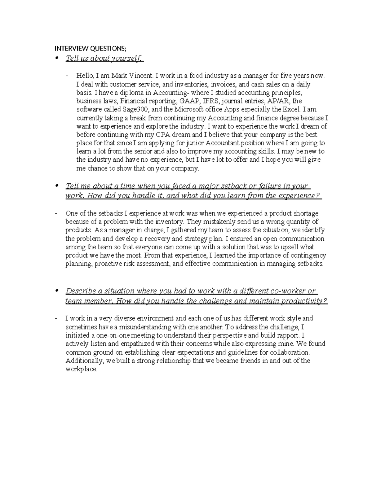 Interview Questions Part 1 - INTERVIEW QUESTIONS; Tell us about ...