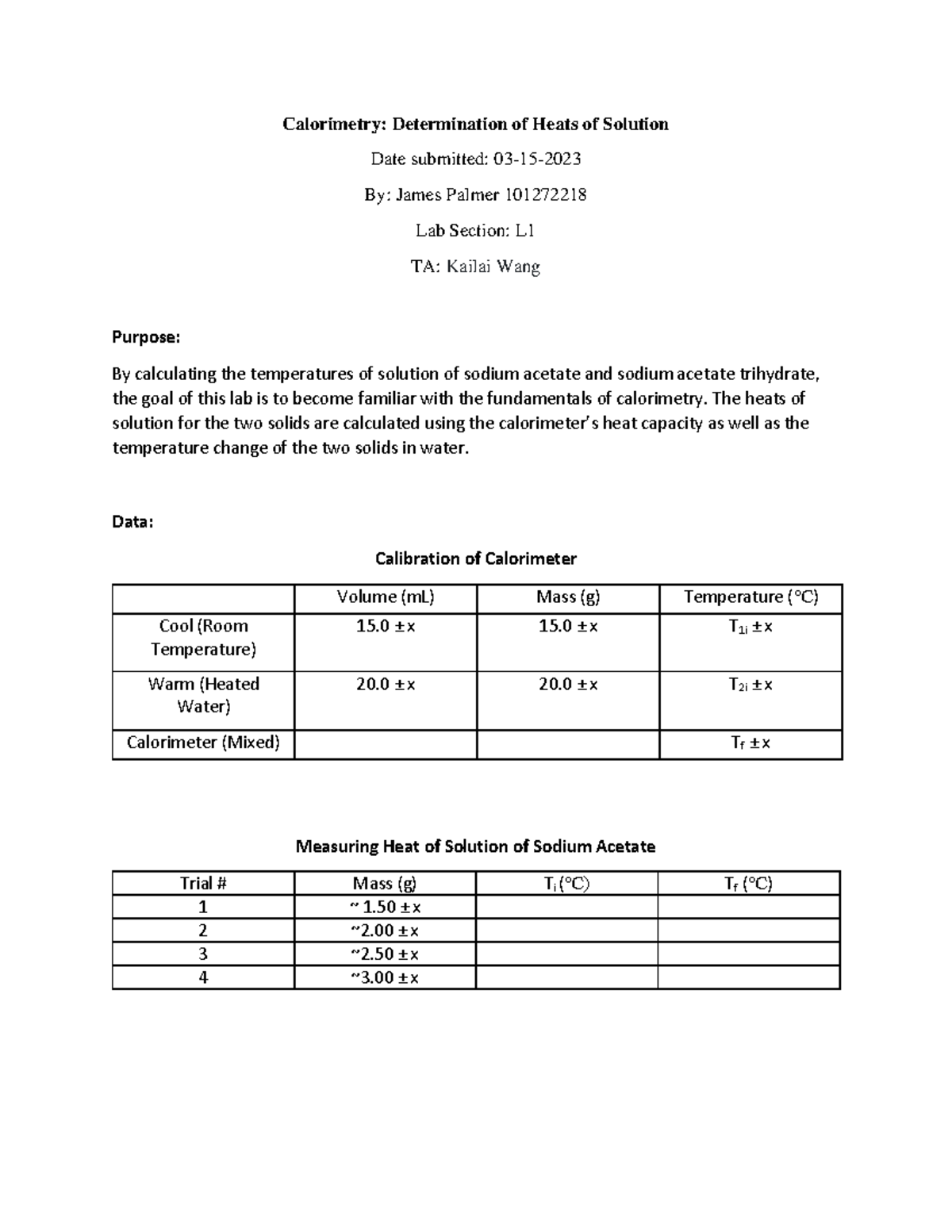 Prel Lab Cal, TA Kailai Wang, 03152023 Calorimetry Determination