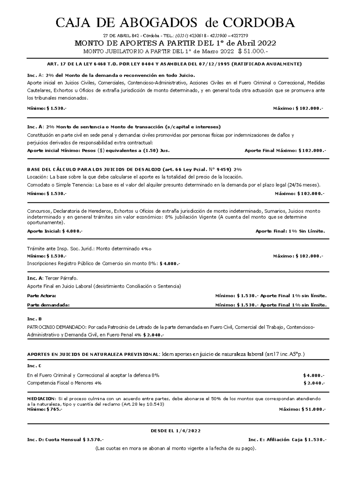 Montoaportesabril2022 CAJA DE ABOGADOS de CORDOBA 27 DE ABRIL 842 Córdoba TEL. (0351