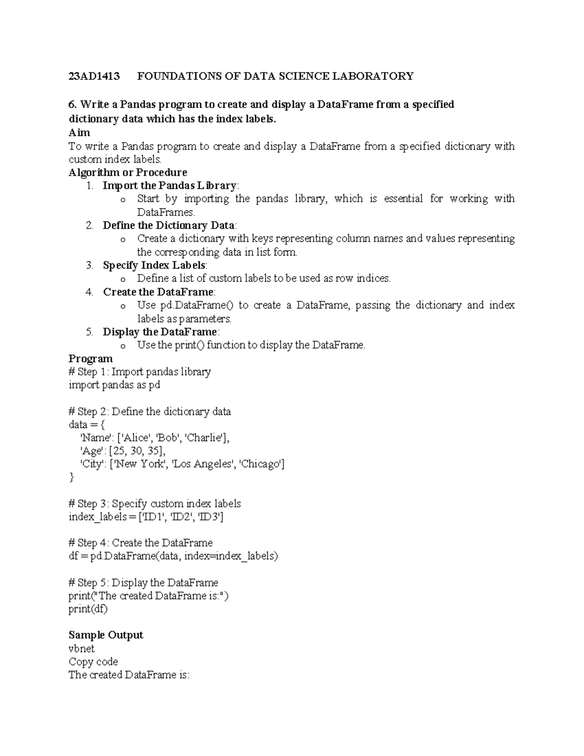 Fds Lab Manual Ad Foundations Of Data Science Laboratory Write A Pandas