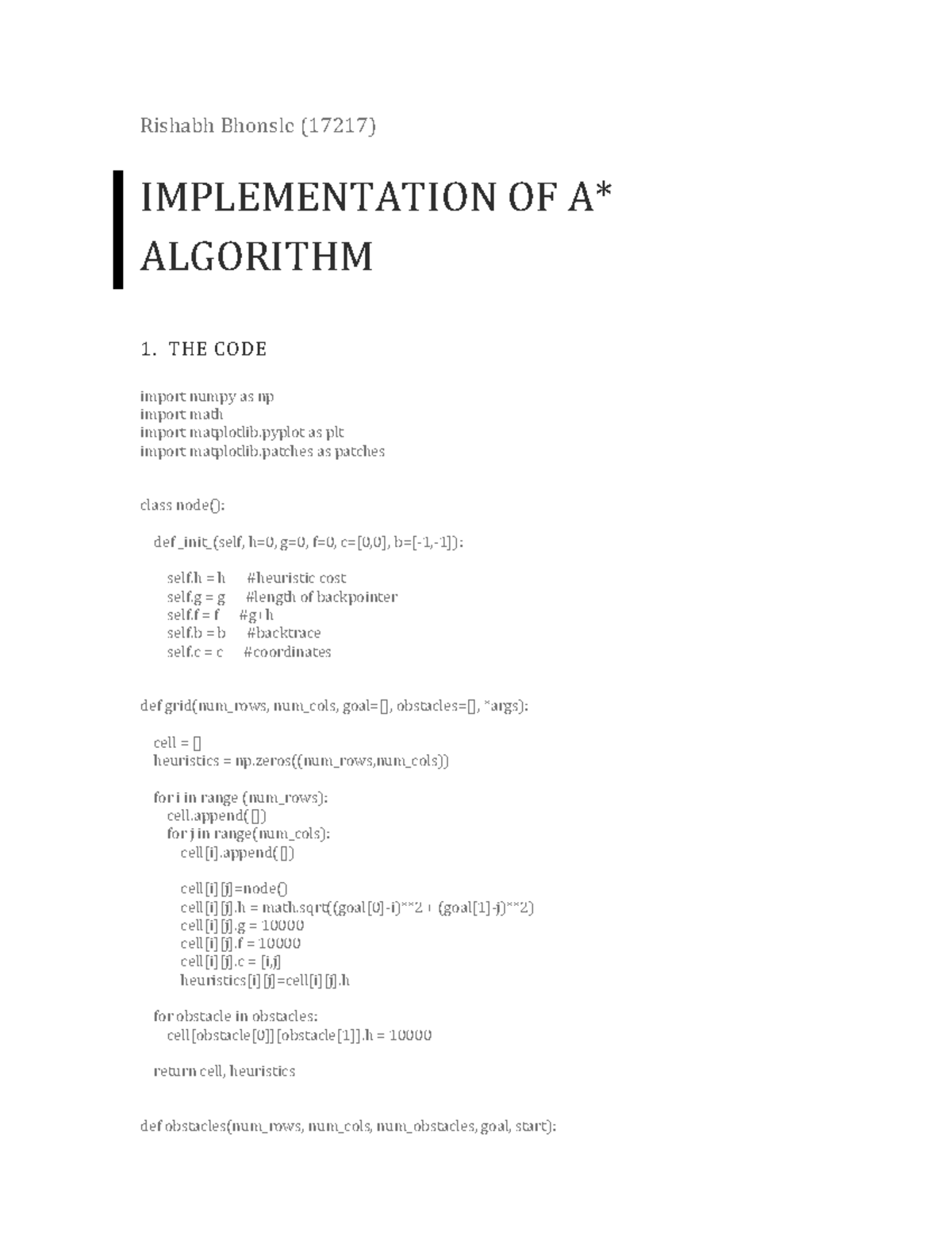 17217 Report - Rishabh Bhonsle (17217) IMPLEMENTATION OF A* ALGORITHM 1 ...