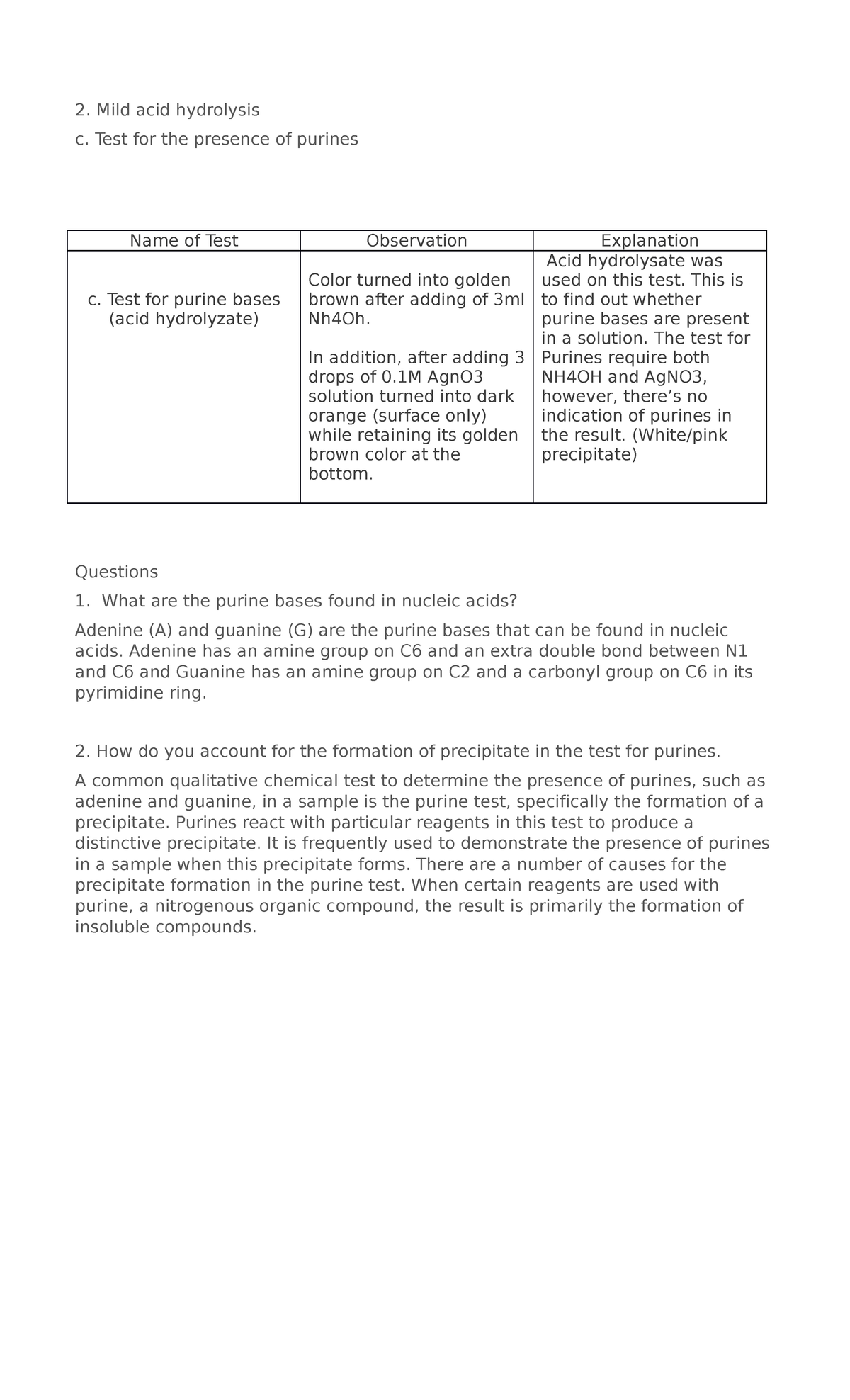 C. Test for the presence of purine - Mild acid hydrolysis c. Test for ...
