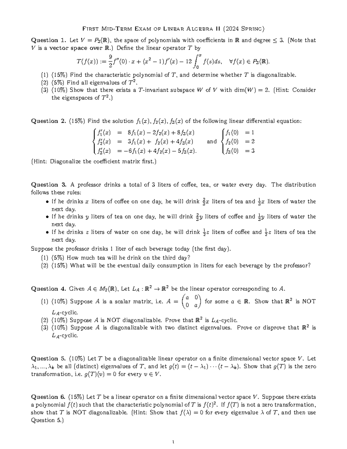 Solutions for exam - First Mid-Term Exam of Linear Algebra II (2024 ...