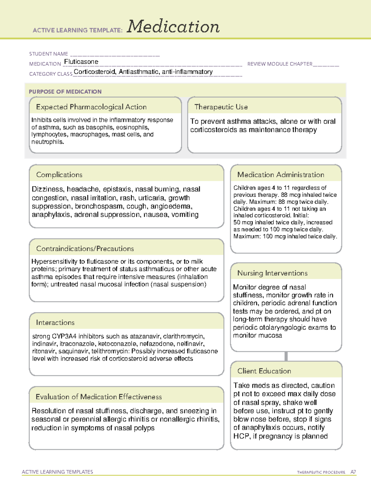 Fluticasone ACTIVE LEARNING TEMPLATES TherapeuTic procedure A