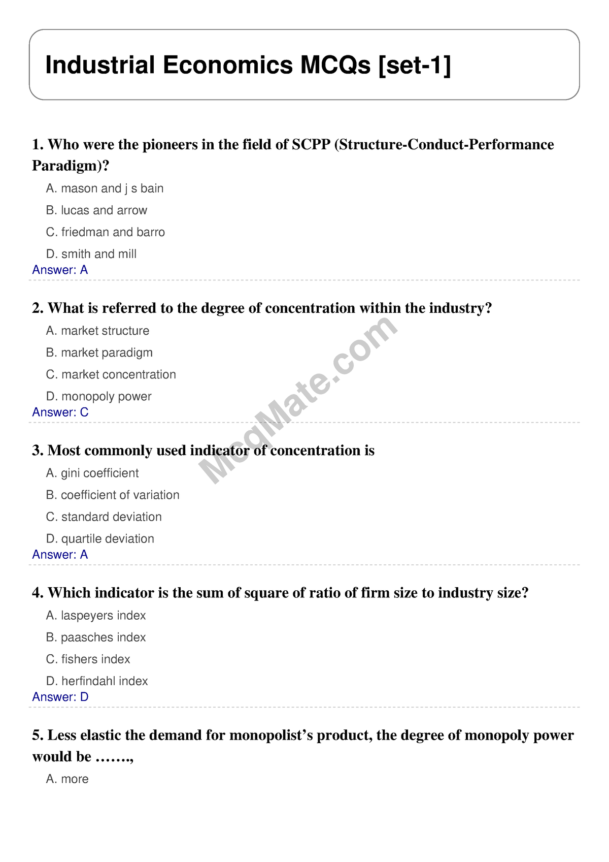 Industrial-economics-set-1 Mcqmate - B.com - CCS University - Studocu