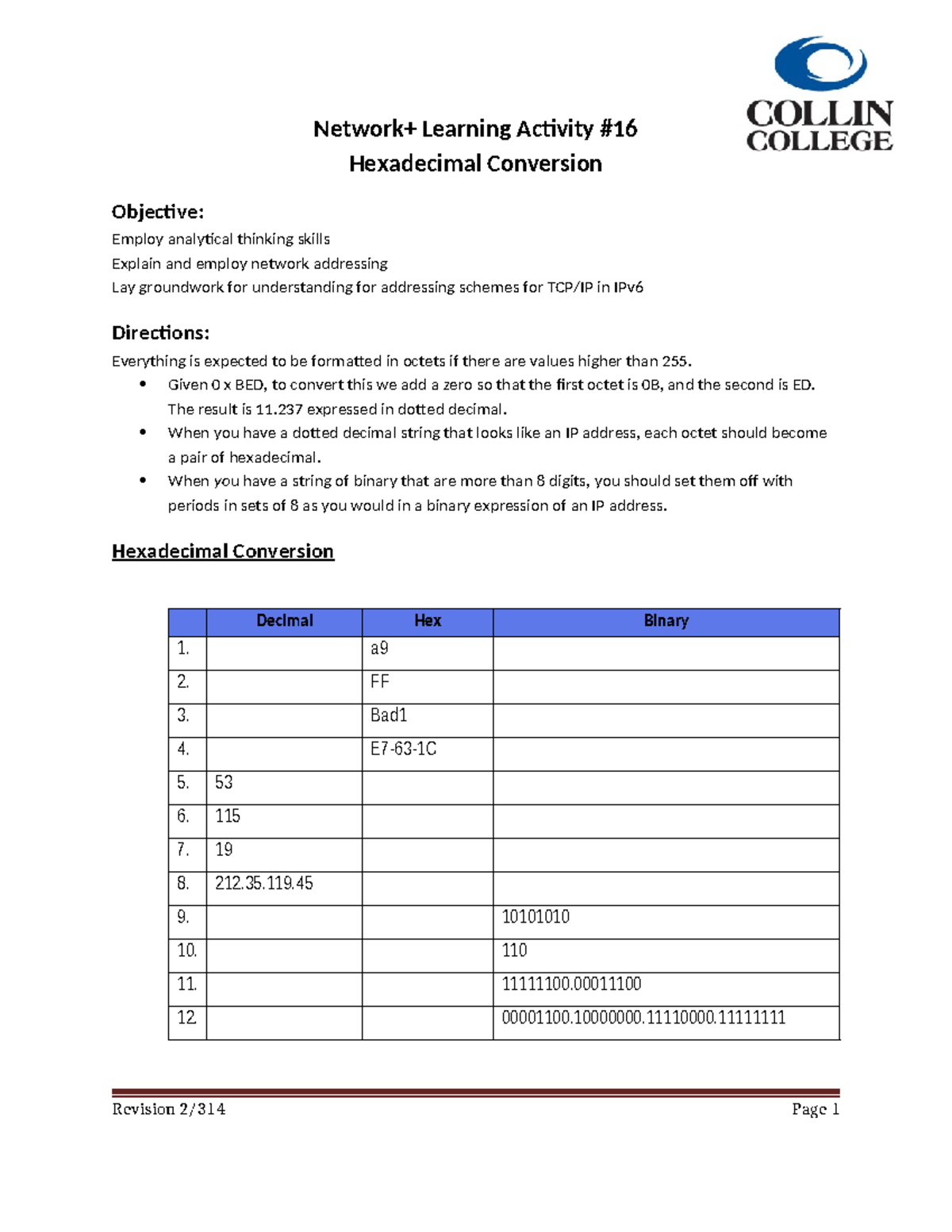 Network+ Learning Activity #16 - Hexadecimal Conversion - Network+ ...