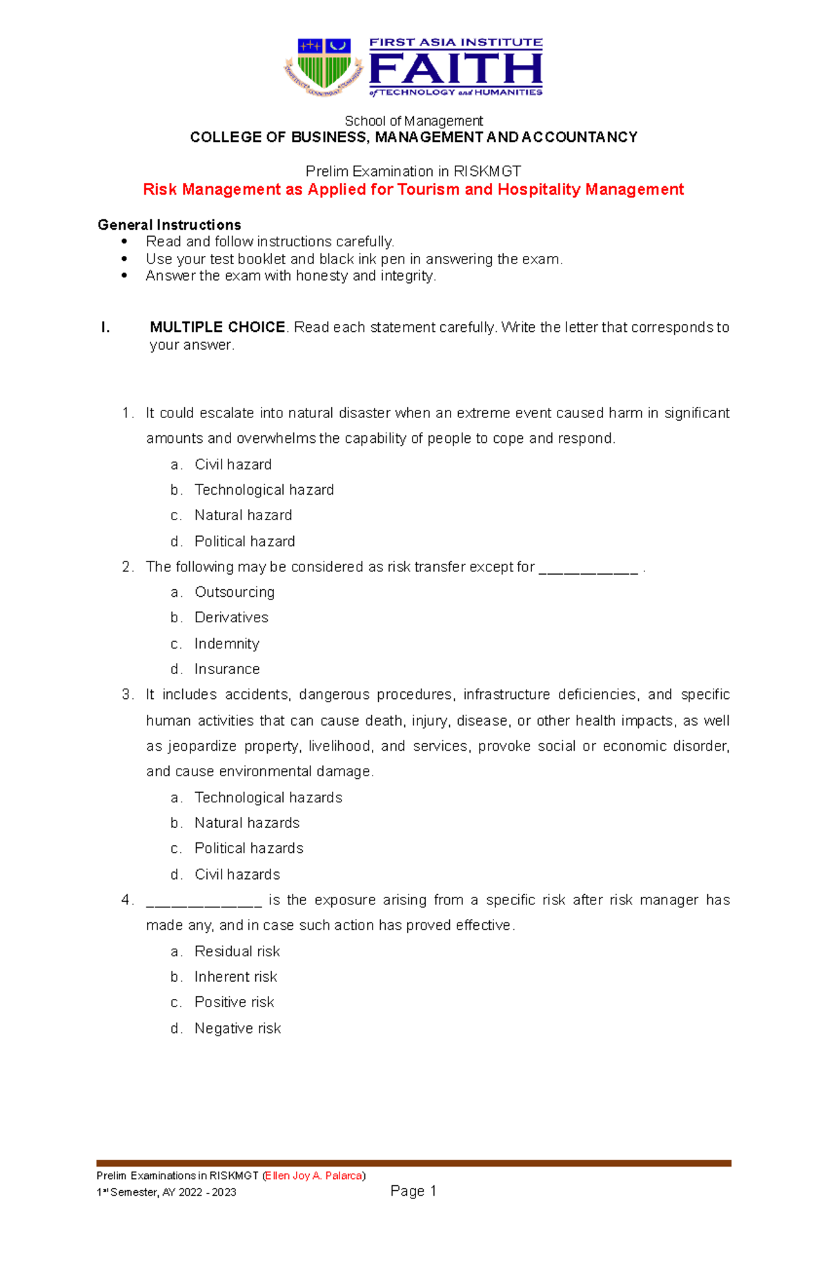 Riskmgt-Prelim-Exam - Exam notes - School of Management COLLEGE OF ...