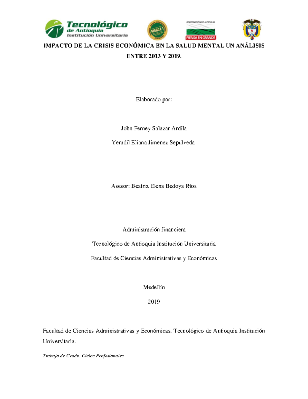 Impacto DE LA Crisis Economica EN LA Salud Mental - IMPACTO DE LA ...