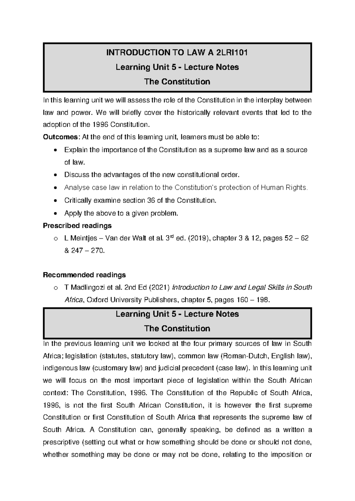 Learning Unit 5 - Lecture Notes - INTRODUCTION TO LAW A 2LRI Learning ...
