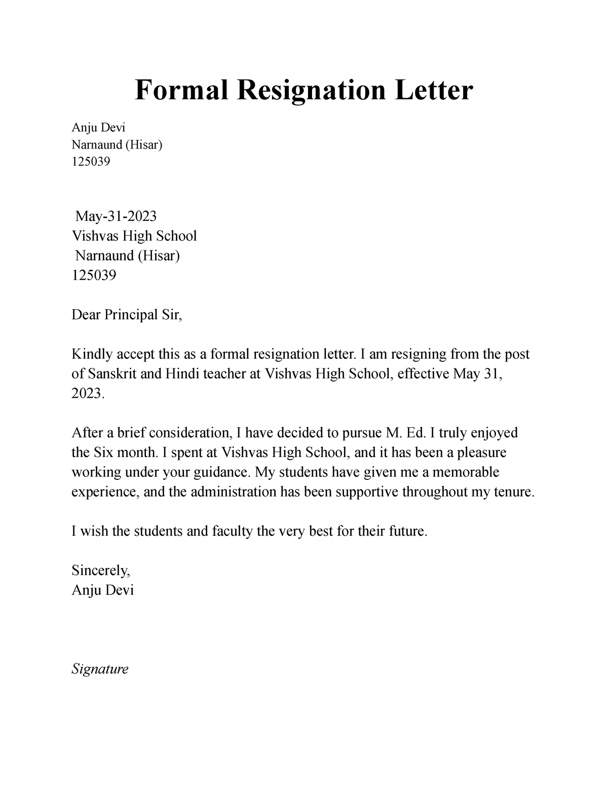 Resignation-letter - Formal Resignation Letter Anju Devi Narnaund ...