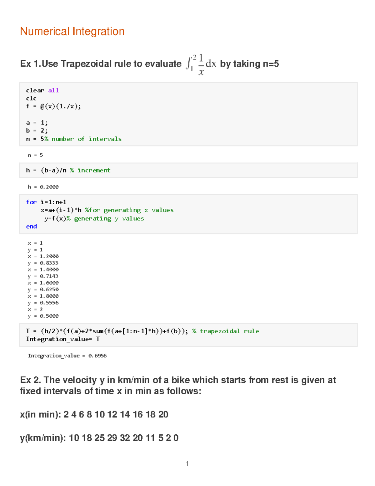 4 numerical integration - Numerical Integration Ex 1 Trapezoidal rule ...