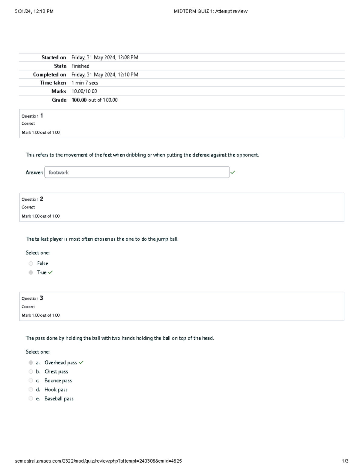Team Sports Midterm QUIZ 1 Attempt review 5/31/24, 1210 PM MIDTERM