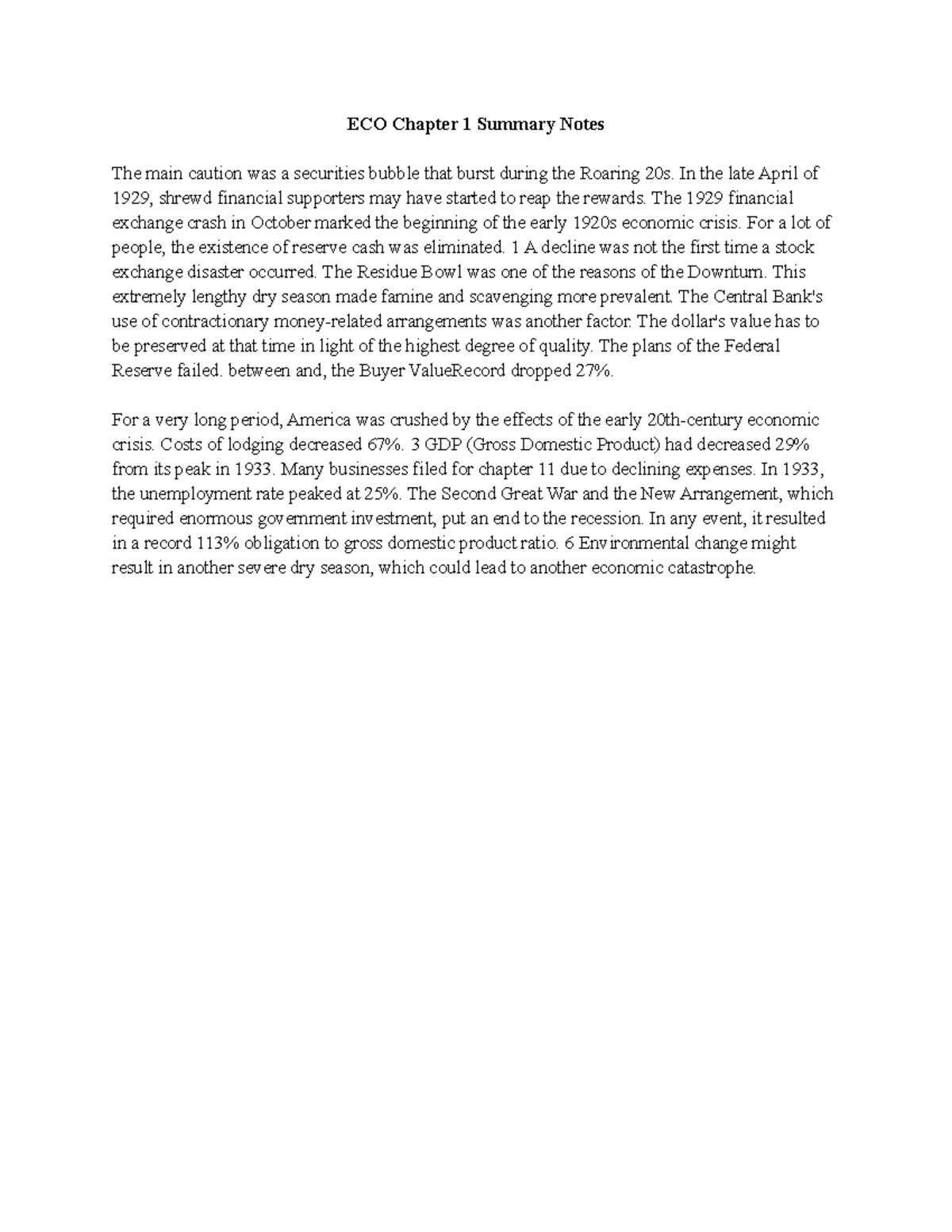 ECO 306 Chapter 1 Summary Notes - ECO Chapter 1 Summary Notes The main ...