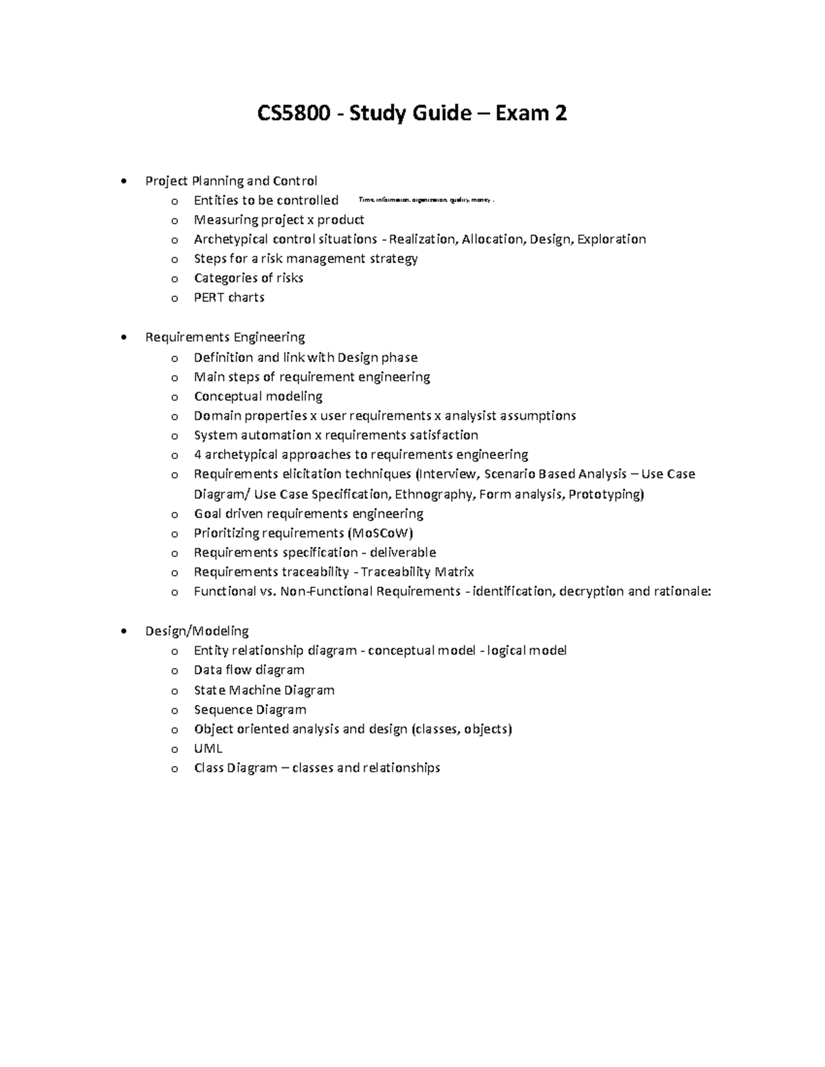 Study Guide Lecture Note CS5800 Study Guide Exam 2 Project Planning and Control o