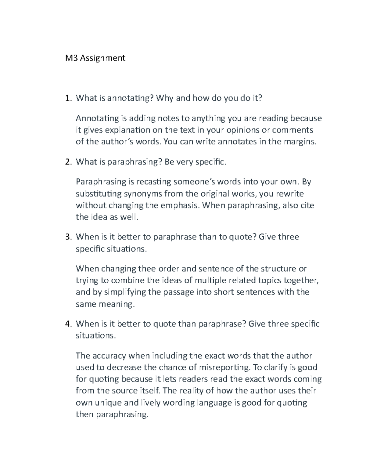 M3 Assignment Questions and answers M3 Assignment What is