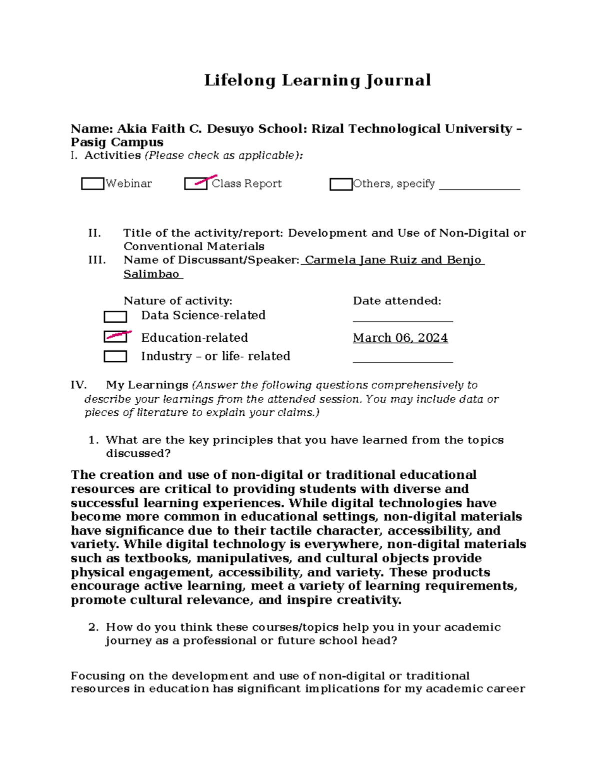 Lifelong-Learning-Journal - Lifelong Learning Journal Name: Akia Faith ...