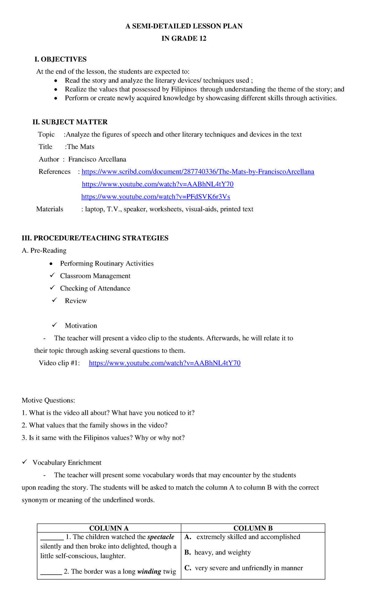 Semi Detailed (Mel) - crt - A SEMI-DETAILED LESSON PLAN IN GRADE 12 I ...