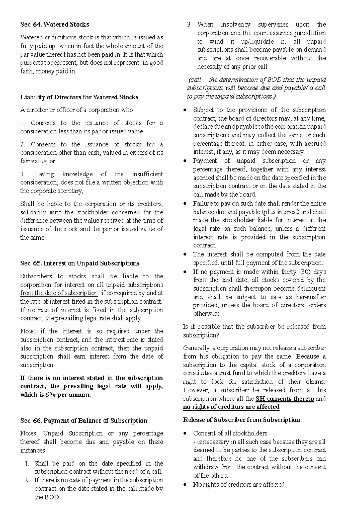 RCCP WK8PT2 Watered Stocks Sec. 64. Watered Stocks Watered or