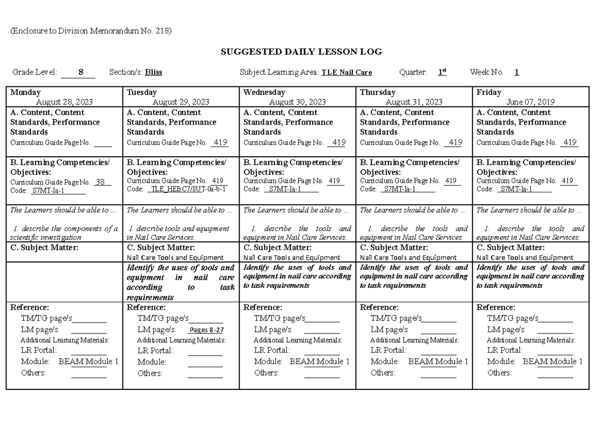 DLL TLE NAIL CARE 20232024 (Enclosure to Division Memorandum No. 218) SUGGESTED DAILY LESSON