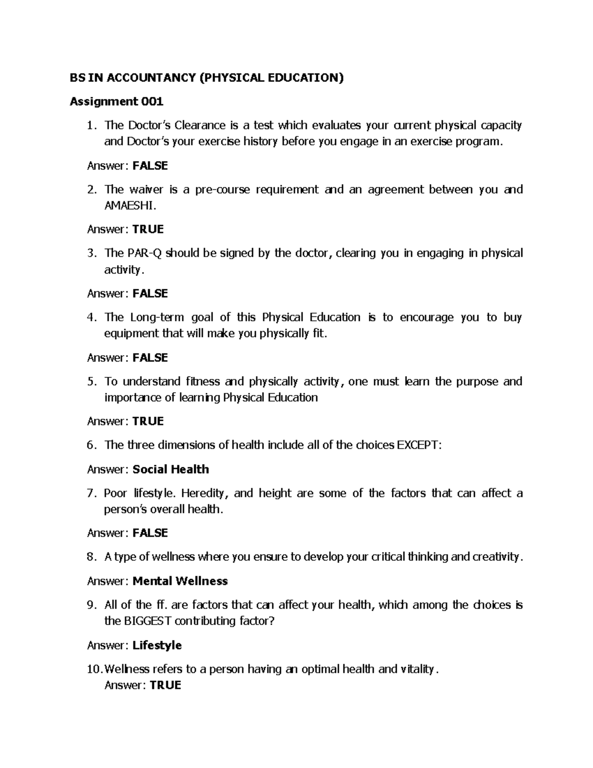 Physical Education Practical Marking Scheme