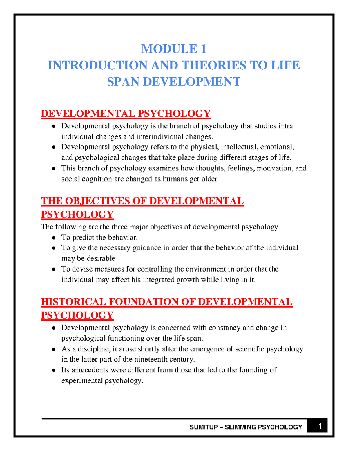 Psychology - Notes - MODULE 1 INTRODUCTION AND THEORIES TO LIFE SPAN ...