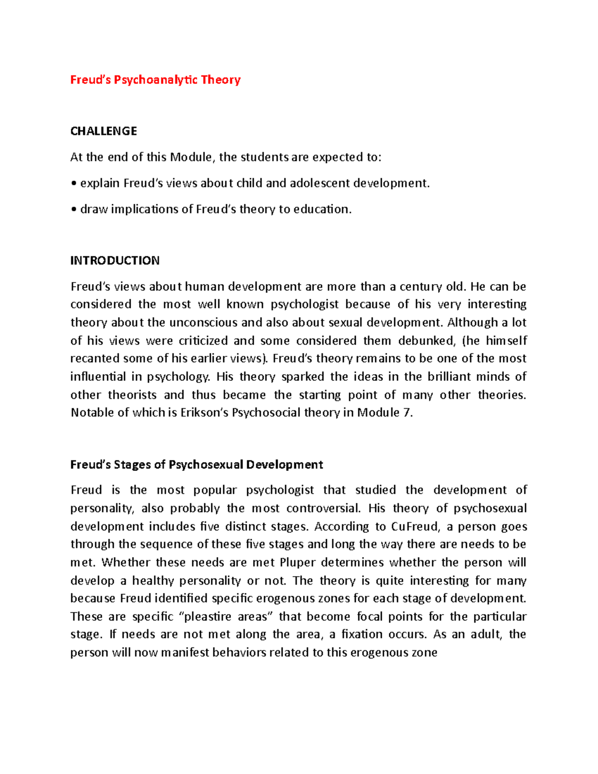 Freud’s Psychoanalytic Theory - Freud’s Psychoanalytic Theory CHALLENGE ...